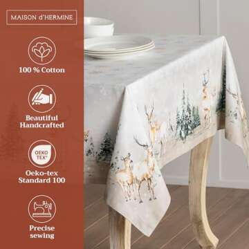 Maison d' Hermine 100% Cotton Table Cover - 54"x54" Square Decorative Tablecloth - Washable Tablecloths for Dining, Home, Farmhouse & Party - Thanksgiving & Christmas - Deer in The Woods Collection