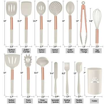 Silicone Cooking Utensil Set, 14pcs Kitchen Utensils Set Non-stick Heat Resistant Cookware Copper Stainless Steel Handle Cooking Tools Turner Tongs Spatula Spoon - BPA Free, Non Toxic