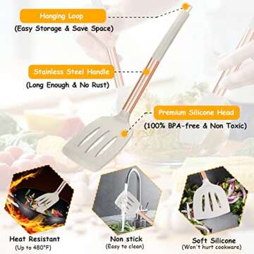 Silicone Cooking Utensil Set, 14pcs Kitchen Utensils Set Non-stick Heat Resistant Cookware Copper Stainless Steel Handle Cooking Tools Turner Tongs Spatula Spoon - BPA Free, Non Toxic