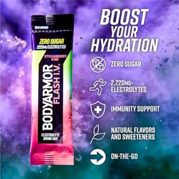 BODYARMOR Flash IV Electrolyte Packets, Strawberry Kiwi - Zero Sugar Drink Mix, Single Serve Packs, Coconut Water Powder (6 Count)