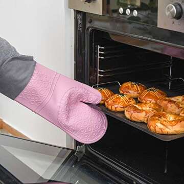 MS MOONSTONE Silicone Oven Mitts with Extra Long Cuff and Comfort Lining,Heat Resistant Food Grade Cooking Mittens for Baking,Grilling and Pot Holders,1 Pair,Pink