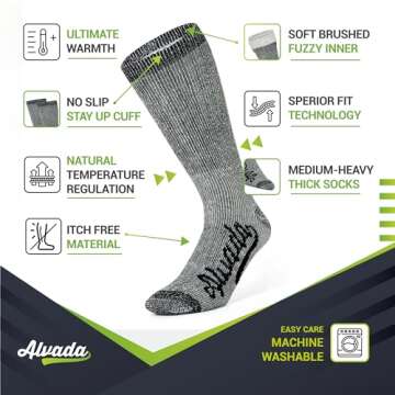 Alvada Merino Wool Hiking Socks Thermal Warm Crew Winter Boot Sock For Men Women 3 Pairs XSS