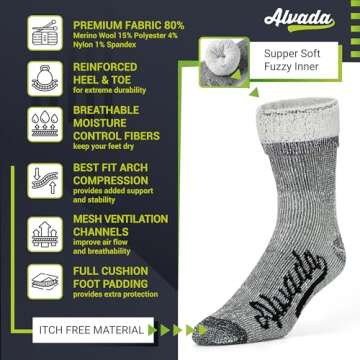 Alvada Merino Wool Hiking Socks Thermal Warm Crew Winter Boot Sock For Men Women 3 Pairs XSS