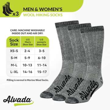 Alvada Merino Wool Hiking Socks Thermal Warm Crew Winter Boot Sock For Men Women 3 Pairs XSS