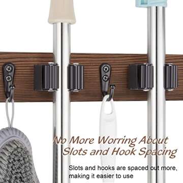 OUTNILI Mop Broom Holder Wall Mount with 3 Slots & 4 Hooks - Rustic Wood Broom Mop Hanger for Pantry Kitchen Organization - Garden Tool Organizer for Closet Laundry Room - Farmhouse Kitchen Decor