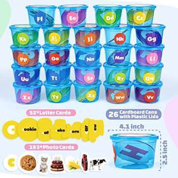 Joyreal Alphabet Learning Toys for Toddlers, 26 Alphabet Soup Sorters with 245 Flash Cards for Early Letter Awareness & Recognition, Fun Education Classroom Supplies Alphabet Sounds Teaching Games