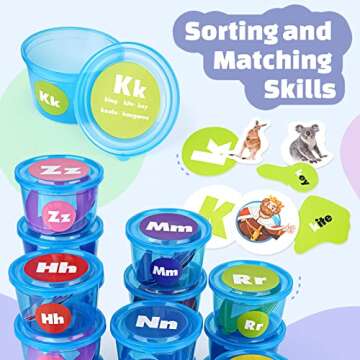 Joyreal Alphabet Learning Toys for Toddlers, 26 Alphabet Soup Sorters with 245 Flash Cards for Early Letter Awareness & Recognition, Fun Education Classroom Supplies Alphabet Sounds Teaching Games