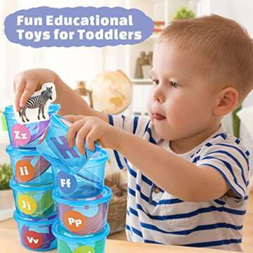 Joyreal Alphabet Learning Toys for Toddlers, 26 Alphabet Soup Sorters with 245 Flash Cards for Early Letter Awareness & Recognition, Fun Education Classroom Supplies Alphabet Sounds Teaching Games