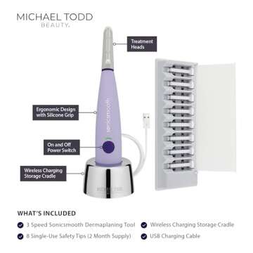 MICHAEL TODD Beauty - Sonicsmooth – SONIC Technology Dermaplaning Tool - 2 in 1 Women’s Facial Exfoliation & Peach Fuzz Hair Removal System with 8 Weeks of Dermaplaning Blades