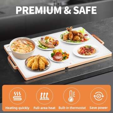 Electric Warming Tray（Large 24"x16"），Food Warmer with Thermostat and Full Surface Heating，Food Warming Mat with 2 Temperature Modes for Parties Buffet，Gatherings，Gold Edge Handles Warming Mat for Food