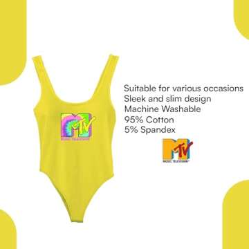 MTV Logo Tank Bodysuit for Women - Sleeveless Vintage-Inspired 80s 90s Festival Wear - Classic Music Television Bodysuit (Yellow, X-Large)