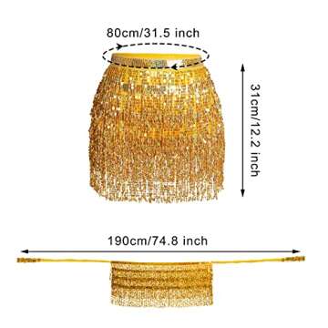 Belly Dance Hip Scarf Sequin Tassel Skirt Performance Outfits Sparkly Fringe Wrap Halloween Costume Party Rave Festival for Women and Girls, Gold