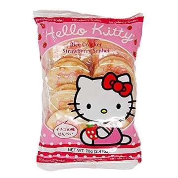 Kali Dreams Hello Kitty Strawberry Rice Crackers Snacks, Cracker, Cookies, Great Snacks on the go, for adults, Children, Party Favors, Birthday Gifts and School. (HK Cracker Senbei, Pack of 2)