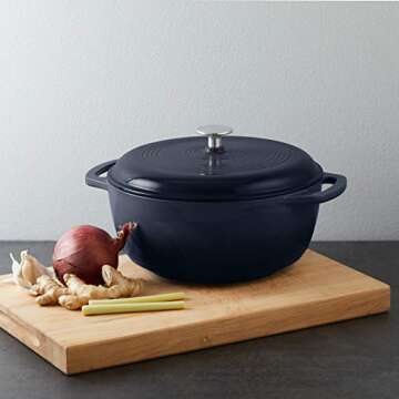 Amazon Basics Cast Iron Dutch Oven Pot with Lid, Enameled, Round, Dual Handles, Heavy-Duty, Medium, 6-Quart, Matte Navy