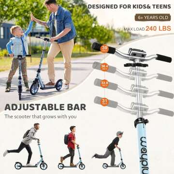 WAYPLUS Kick Scooter for Ages 6+,Kid, Teens & Adults. Max Load 240 LBS. Foldable, Lightweight, 8IN Big Wheels for Kids, Teen and Adults, 4 Adjustable Levels. Bearing ABEC9