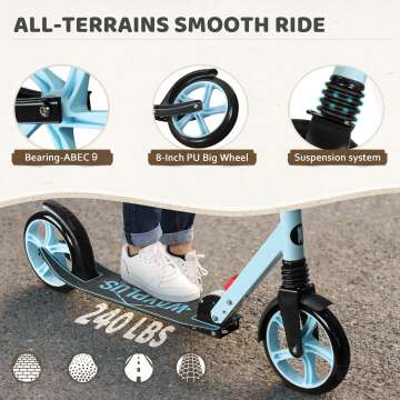 WAYPLUS Kick Scooter for Ages 6+,Kid, Teens & Adults. Max Load 240 LBS. Foldable, Lightweight, 8IN Big Wheels for Kids, Teen and Adults, 4 Adjustable Levels. Bearing ABEC9