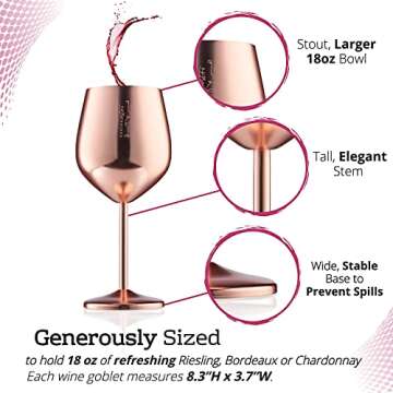 Gusto Nostro Stainless Steel Wine Glass - 18 oz - Unbreakable Rose Gold Wine Glasses for Travel, Camping and Pool - Fancy, Unique and Cool Portable Metal Wine Glass for Outdoor, Picnics (Set of 2)