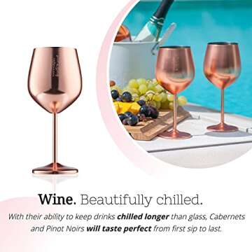 Gusto Nostro Stainless Steel Wine Glass - 18 oz - Unbreakable Rose Gold Wine Glasses for Travel, Camping and Pool - Fancy, Unique and Cool Portable Metal Wine Glass for Outdoor, Picnics (Set of 2)