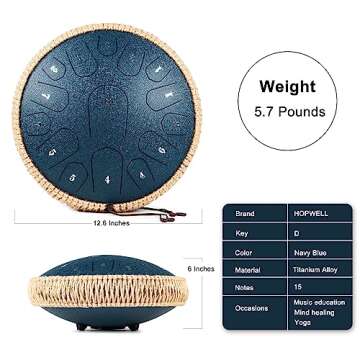 HOPWELL Steel Tongue Drum - 13 Inches 15 Notes Tongue Drum - Hand Pan Drum with Music Book, Handpan Drum Mallets and Carry Bag, D Major (Navy Blue)