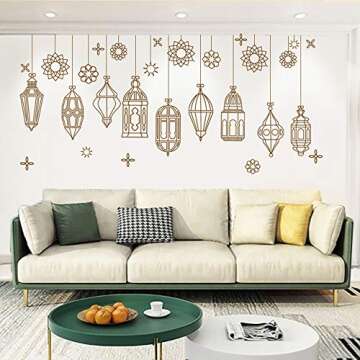 HAIEED Islamic Muslim Wall Decor Stickers,Eid Mubarak Ramadan Glass Lantern Stickers Decals, Window Clings for Eid Ramadan Decorations ForHome Living Room Bedroom Decorations Wallpaper