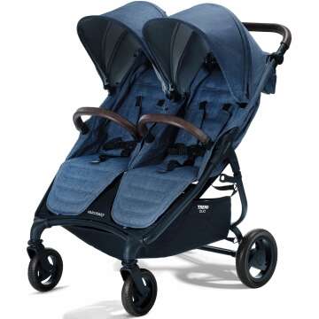 Valco Baby Trend Duo Light Weight Side by Side Double Stroller 2023 (Denim Blue) - Easy and Compact fold, Multi-Position Recline, Large Canopy, Independent Twin Vents and More - Luxurious Twin Pram