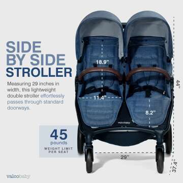 Valco Baby Trend Duo Light Weight Side by Side Double Stroller 2023 (Denim Blue) - Easy and Compact fold, Multi-Position Recline, Large Canopy, Independent Twin Vents and More - Luxurious Twin Pram