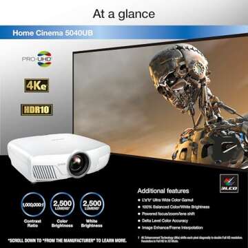 Epson Home Cinema 5040UB 3LCD Home Theater Projector with 4K Enhancement, HDR10, 100% Balanced Color and White Brightness, Ultra Wide DCI-P3 Color Gamut and UltraBlack Contrast