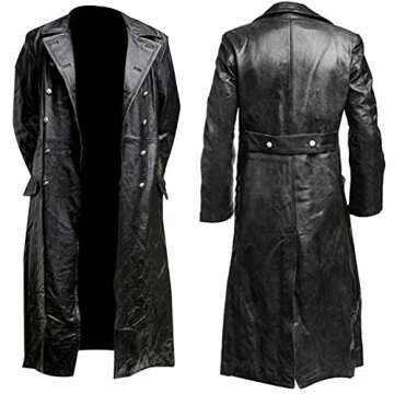 Mens Vintage Black Leather Trench Coat German Classic WW2 Officer Military Uniform Coat Long Motorcycle Jacket