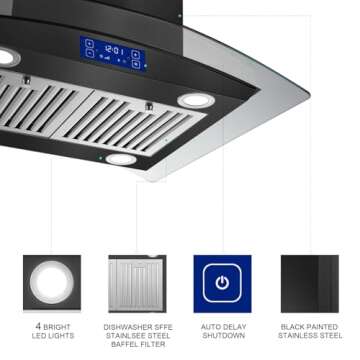 JOEAONZ 30 Inch Island Range Hood Black 700CFM, Gesture & Touch Panel Ceiling Mount Vent Hood, Stainless Steel Kitchen Exhaust Fan Convertible, Tempered Glass, LED lights, Permanent Baffle Filters