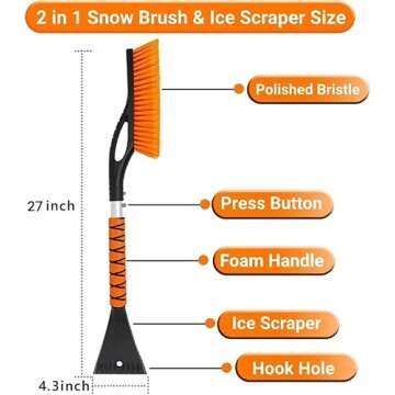 PLACHIDAY Snow Brush & Ice Scraper, Ice Scrapers for Car Windshield, Detachable Snow Removal Tool with Ergonomic Foam Grip for Cars, Trucks, Suvs (Heavy Duty Abs, PVC Brush), 27 Inch