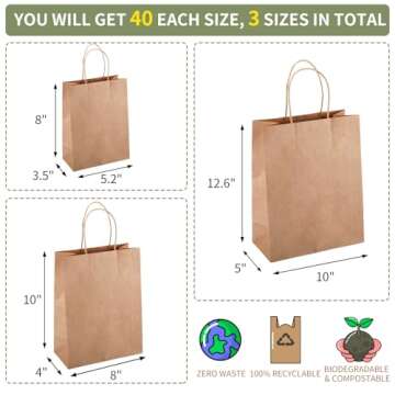 TOMNK 120pcs Brown Paper Bags with Handles Assorted Sizes Mixed Sizes Bulk Kraft Paper Gift Bags for Business, Shopping, Retail