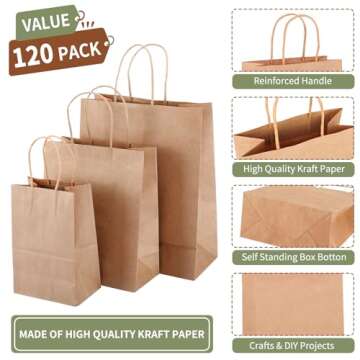 TOMNK 120pcs Brown Paper Bags with Handles Assorted Sizes Mixed Sizes Bulk Kraft Paper Gift Bags for Business, Shopping, Retail