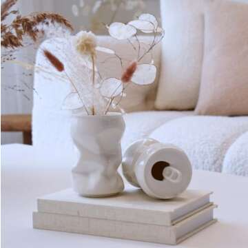 Kigan Home Small Decorative Vase for Modern, Boho, Unique Decor - Ceramic Bud Vase for Flowers, Dried Florals and Pampas Grass - The Crushed Pop Can (White) - Set of 2