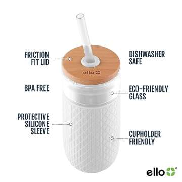 Ello Devon 18oz Glass Tumbler with Straw, Friction Fit Bamboo Wood Lid and Silicone Sleeve | Perfect for Iced Coffee, Tea, and Smoothies | White