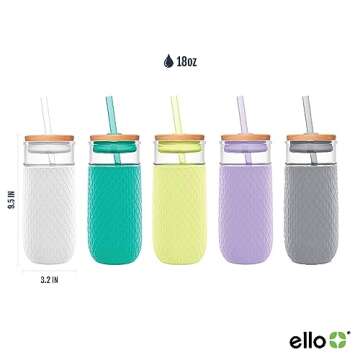 Ello Devon 18oz Glass Tumbler with Straw, Friction Fit Bamboo Wood Lid and Silicone Sleeve | Perfect for Iced Coffee, Tea, and Smoothies | White