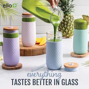 Ello Devon 18oz Glass Tumbler with Straw, Friction Fit Bamboo Wood Lid and Silicone Sleeve | Perfect for Iced Coffee, Tea, and Smoothies | White