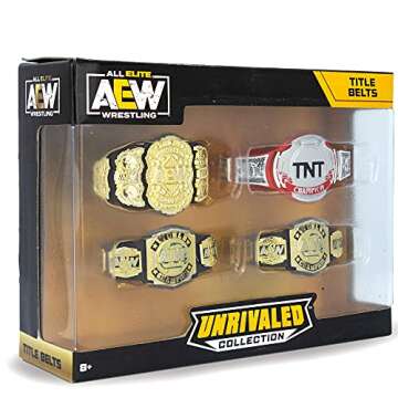 AEW Championship Title Belt Multipack - World Championship Title Belt, World Tag Team Championship Belts, TNT Championship Belt - AEW Unrivaled Figure Accessories - Amazon Exclusive