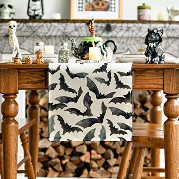 Artoid Mode Silhouette Black Bats Halloween Table Runner, Fall Kitchen Dining Table Decoration for Home Party Decor 13x108 Inch