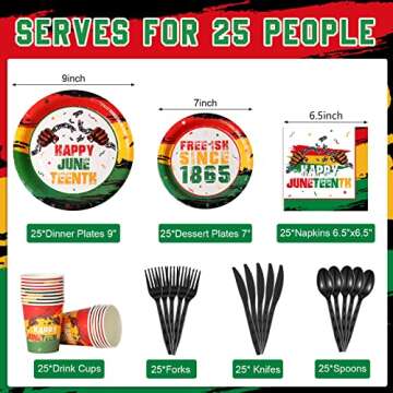 Juneteenth Party Supplies Tableware Happy Juneteenth Plates and Napkins Disposable June 19th Paper Plates Napkins Cups Knives Spoon Fork for Juneteenth African Afro American Party Decorations Serve 25