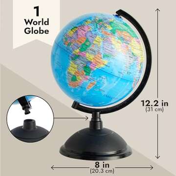 Juvale Rotating World Globe with Stand for Kids Learning, 8-inch Spinning Earth Globe for Classroom Geography Education