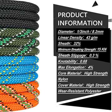 NTR Orange/Black/Blue Climbing Rope 10M(32ft) 20M(64ft) 30M(96ft) 50M(160ft), 8MM Static Rock Climbing Rope with 2 Steel Hooks, Rappelling Rope for Outdoor, Hiking Safety Escape Rope, Rescue Parachute