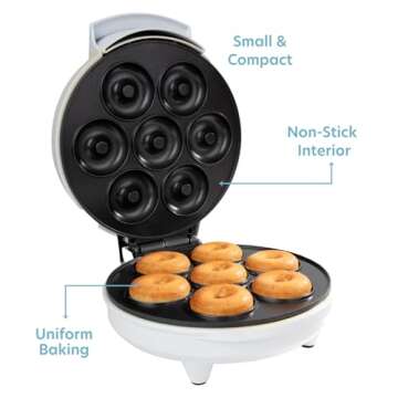 Mini Donut Maker- Electric NonStick Surface Makes 7 Small Doughnuts- Decorate Frost Ice Your Own for Kid Friendly Baked Dessert Treat- Unique Baking Activity for Adults, Galentines Brunch Gift for Her