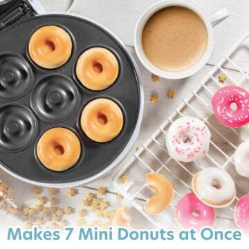 Mini Donut Maker- Electric NonStick Surface Makes 7 Small Doughnuts- Decorate Frost Ice Your Own for Kid Friendly Baked Dessert Treat- Unique Baking Activity for Adults, Galentines Brunch Gift for Her