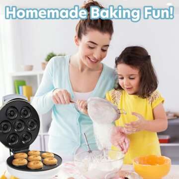 Mini Donut Maker- Electric NonStick Surface Makes 7 Small Doughnuts- Decorate Frost Ice Your Own for Kid Friendly Baked Dessert Treat- Unique Baking Activity for Adults, Galentines Brunch Gift for Her