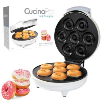 Mini Donut Maker- Electric NonStick Surface Makes 7 Small Doughnuts- Decorate Frost Ice Your Own for Kid Friendly Baked Dessert Treat- Unique Baking Activity for Adults, Galentines Brunch Gift for Her