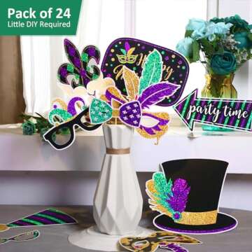 24 Pieces Mardi Gras Photo Booth Props, Masquerade Props DIY Mardi Gras Photography Decorations, Funny Selfie Photo Prop Pack for Mardi Gras Party Supplies, for Adults