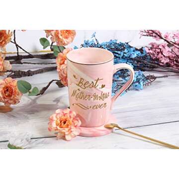 Mother In Law Coffee Mugs Best Mother In Law Gifts Birthday Mothers Day Gifts from Daughter Son In Law 14 Ounce Pink with Gift Box Spoon Coaster