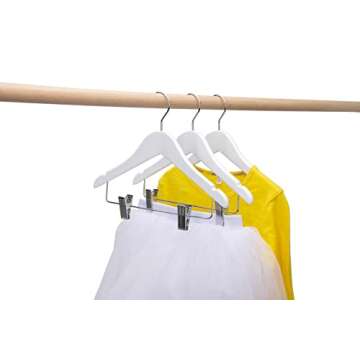 Quality Hangers 20 Pack Kids Wooden Pants Hangers 12 Inches - Skirt Hangers with Adjustable Metal Clips 360° Swivel Chrome Hook & Nonslip Notches- Ideal for Clothes Size 8 and Smaller (White, 20)