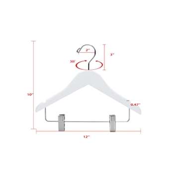 Quality Hangers 20 Pack Kids Wooden Pants Hangers 12 Inches - Skirt Hangers with Adjustable Metal Clips 360° Swivel Chrome Hook & Nonslip Notches- Ideal for Clothes Size 8 and Smaller (White, 20)