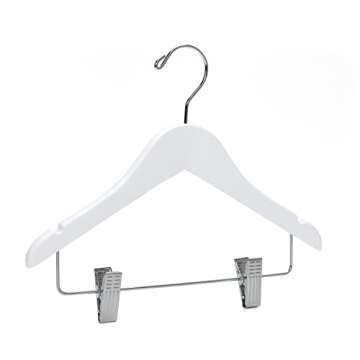 Quality Hangers 20 Pack Kids Wooden Pants Hangers 12 Inches - Skirt Hangers with Adjustable Metal Clips 360° Swivel Chrome Hook & Nonslip Notches- Ideal for Clothes Size 8 and Smaller (White, 20)